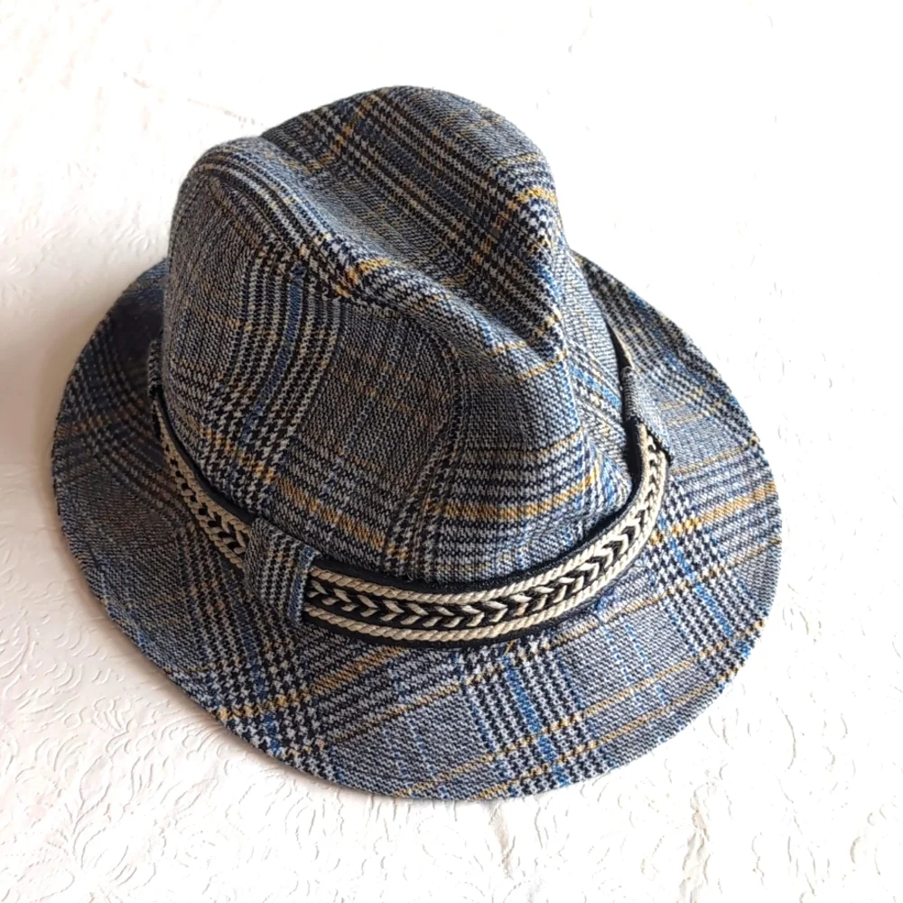 Vintage Irish Crushable by Du Pont Tweed Walking Hat Blue Black Mustard S/M Size